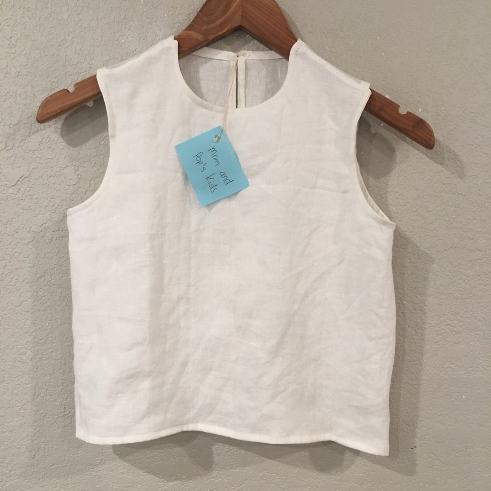 Tank Top 100% Linen Girl M 7/8 Shirt White Preppy Mom and Pop's Kids‎ Neutral